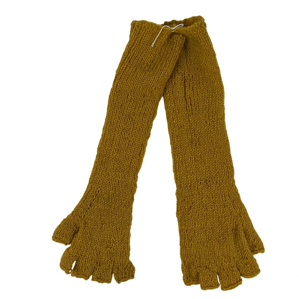 Handmade Wool Mustard Yellow Cable Knit Fingerless Gloves Long Arm‎ Warmers Boho